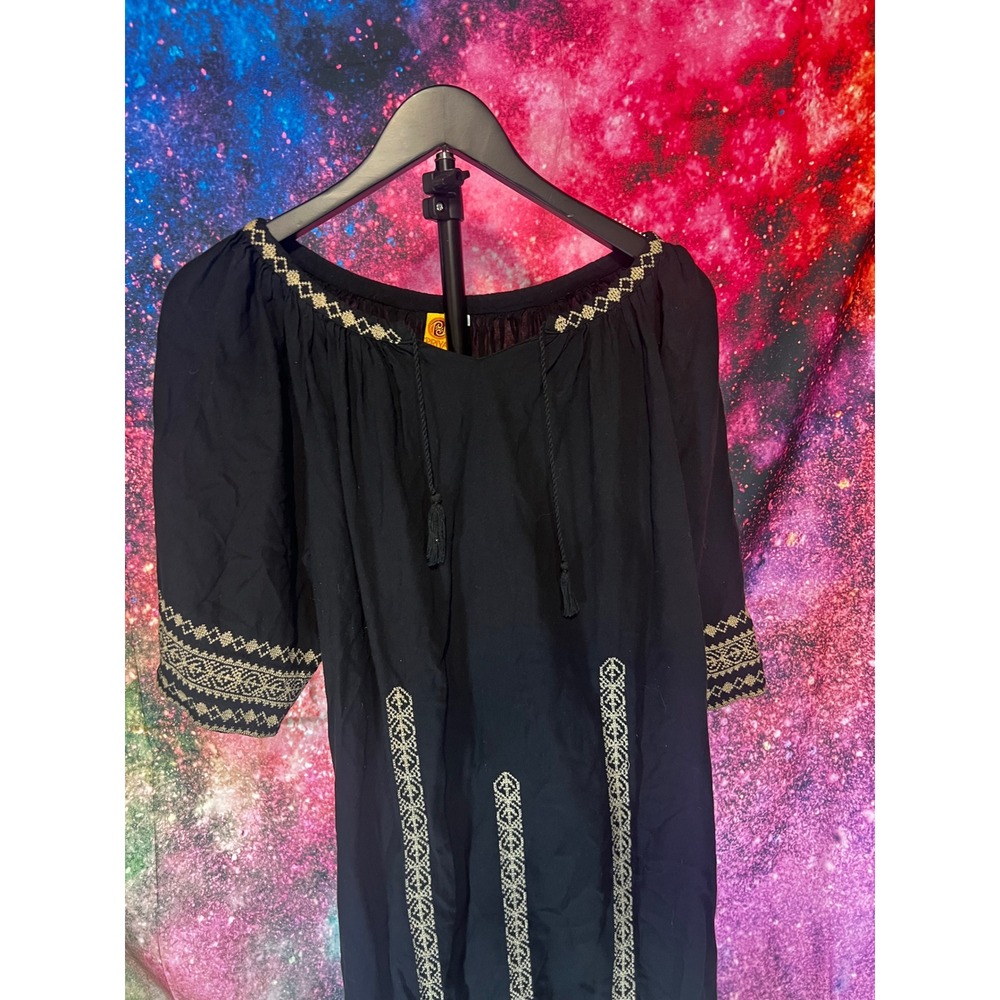 Priya Concepto Indu Black Gold Embroidered Boho Peasant Tunic Dress Medium - Picture 2 of 4